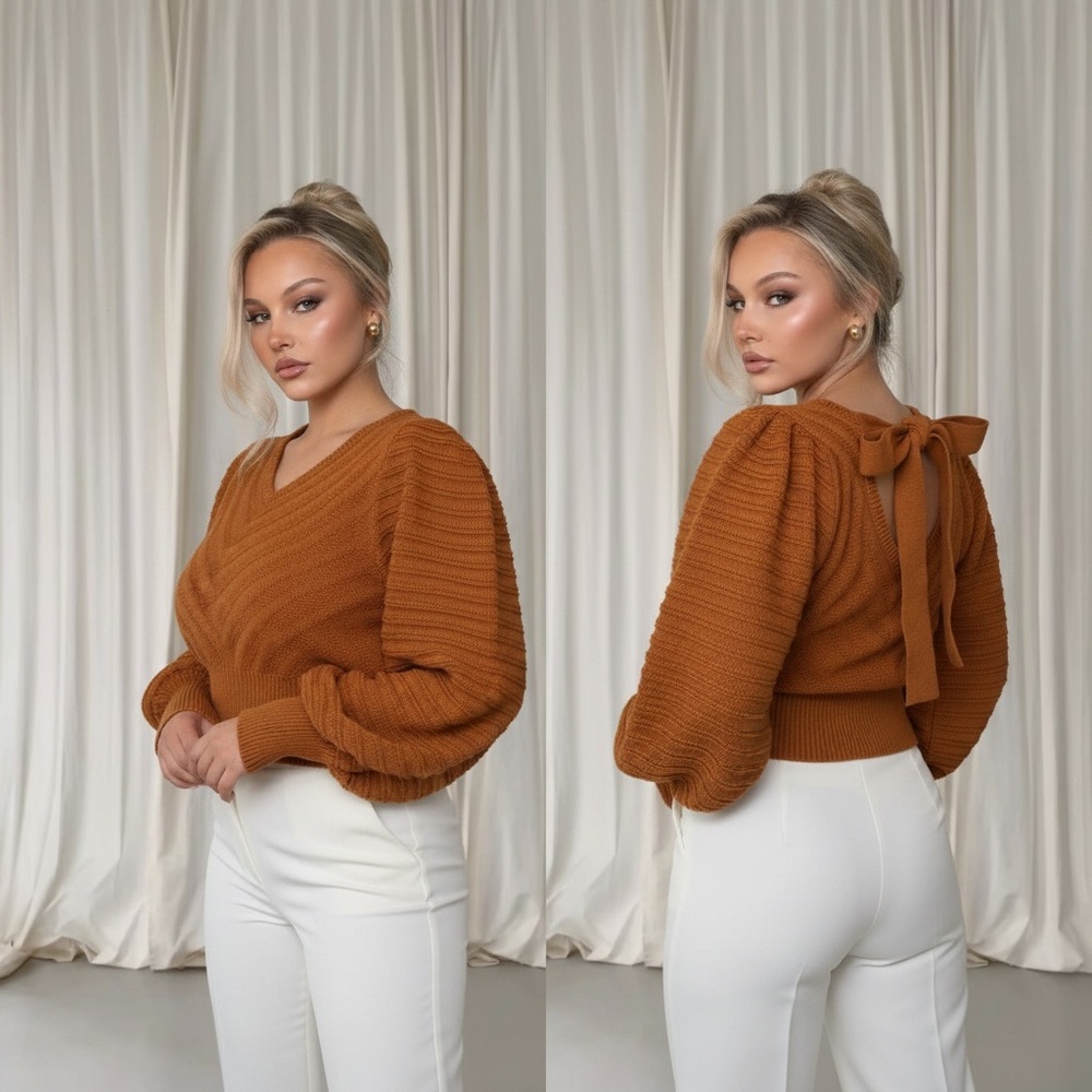 Happy nature burnt orange bow tie puff sleeve sweater open back